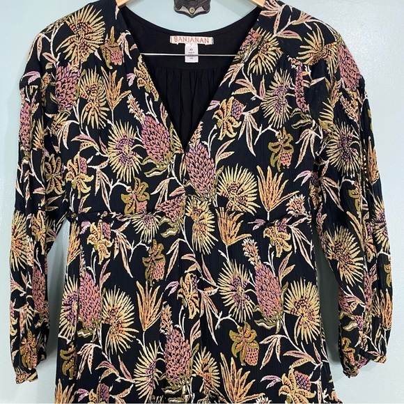 Banjanan Floral Neon Black Long Sleeve Maxi Tropical V Neck Dress Sz XS - Picture 2 of 6